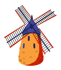 Windmill. Rural traditional countryside stone building. Bright vector isolated illustration