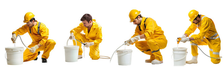  Set of A master in yellow overalls fills water into a white plastic bucket with a hose, isolated on a transparent background