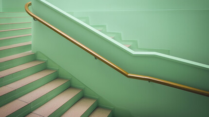 Soft mint stairs with a wooden handrail, overview from an adjacent upper floor.