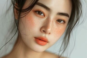 Naklejka premium Youthful Asian female portrait with perfect skin. Female model with fresh glowing facial skin. Generate ai