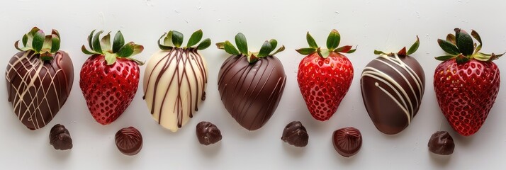 Assorted strawberries dipped in various chocolates on white background. banner