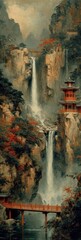 Waterfall and Bridge Landscape Painting