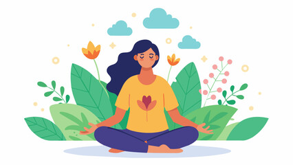 An image of a person practicing breathing exercises with illustrations of plants and flowers growing and thriving in response to their calm and.