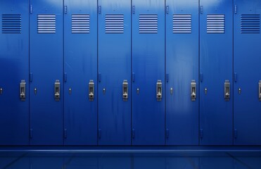 A row of blue lockers in a high school hallway, providing storage space for students' belongings between classes