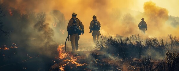 Experienced Firefighter Extinguishing a Wildland Fire Deep in the Woods. Wear proffessional safe uniform.