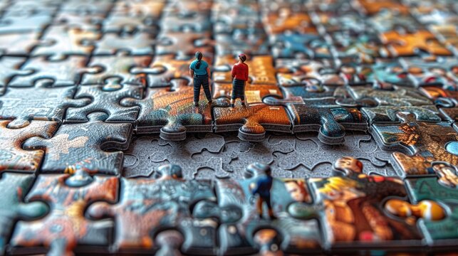 Teamwork and collaboration concept. Wooden big jigsaw puzzles surroundign with business people, conceptual 3d illustration.
