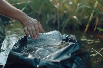 Person Reaching for Plastic Bottle in Water