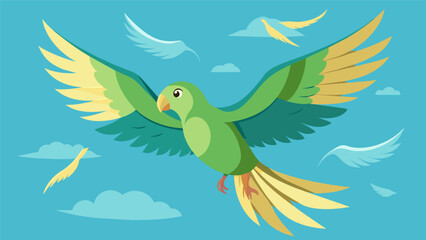 A parakeet with a bionic wing soaring high in the sky alongside its flock.. Vector illustration