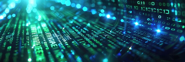 An abstract image presenting a close-up view of digital binary code data stream in dynamic blue hues.