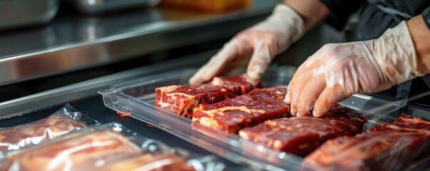 A professional butcher in a sanitized environment cleanly packages raw steak cuts in plastic trays.