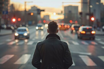 Dressed in a casual jacket, a male figure observes the busy city street filled with cars as the sun sets, signaling the end of a day