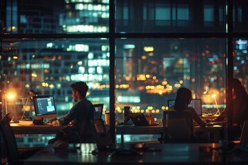 Office workers diligently continuing their tasks after hours, with a vibrant city backdrop illuminating their commitment and the never-sleeping pace of business