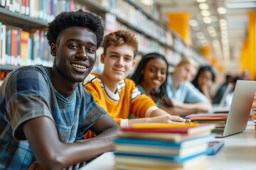 A multicultural group of young students with books and laptops engaged in studying in a library setting