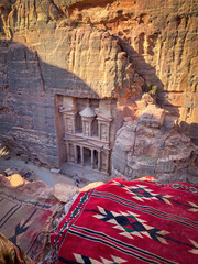 High angle view of famous Al-Khazneh Treasury in the historic and archaeological city of Petra in...
