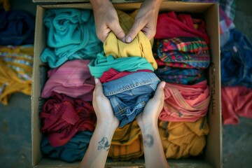 Hands carefully selecting and donating a variety of colorful clothes, reflecting generosity, aid, and support for those in need