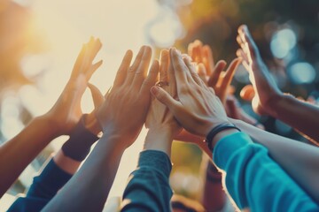 Multicultural hands reaching out together towards the sky, symbolizing diversity, unity, support, and success throughout the community