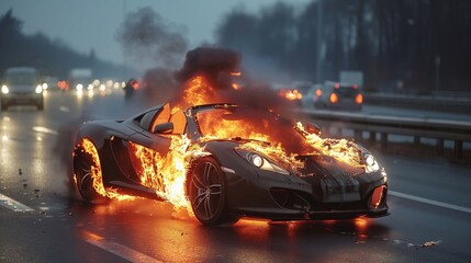 Luxury sport car burning on the road. Sport car accident concept. Generative ai