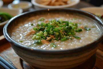 Creamy Asian porridge. Bowl food soup with natural elements. Generate Ai