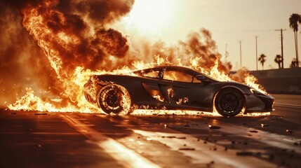 Luxury sport car burning on the road. Sport car accident concept. Generative ai