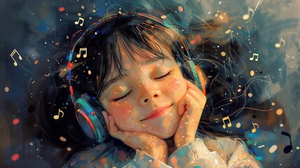 little girl listen music wuth headphones smiling with closed eyes. Generative ai