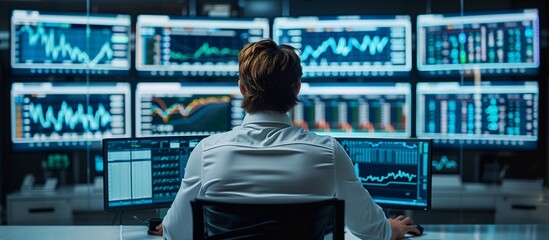 A financial trader or analyst monitors a lot of financial market data on various monitors in a modern office. Concept of online investment trading and cryptocurrency markets. Generative ai