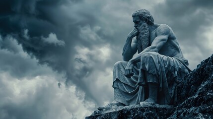 a statue of an ancient Greek philosopher frozen in a pensive pose against the dramatic sky. Generative ai