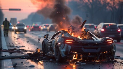 Burnt exotic car in the middle of the road. Generative ai