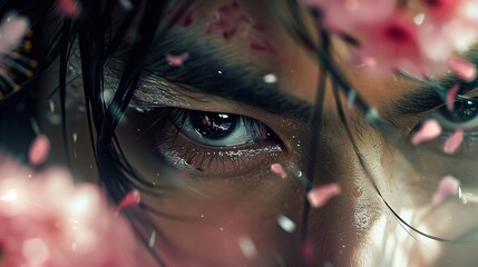 close up of samurai face through the cherry blossom. Generative ai