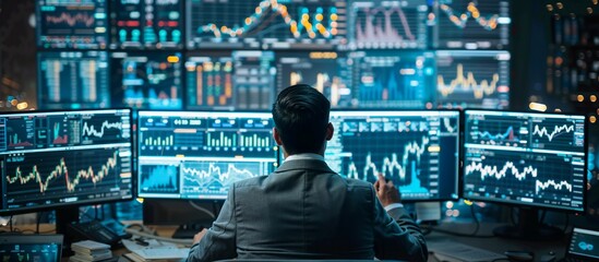 A financial trader or analyst monitors a lot of financial market data on various monitors in a modern office. Concept of online investment trading and cryptocurrency markets. Generative ai