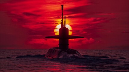 Nuclear submarine against dramatic sunrise background. Generative ai
