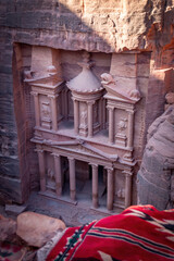 High angle view of famous Al-Khazneh Treasury in the historic and archaeological city of Petra in...