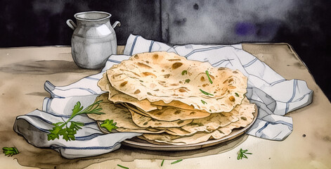 Hand-painted watercolor of fresh homemade flatbread on table