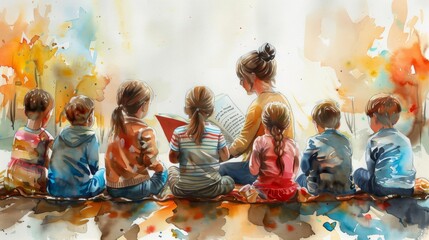 A teacher is reading a book to a group of children