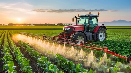 Tractor spraying fertilizer on corn field at sunset with farmer operating vehicle