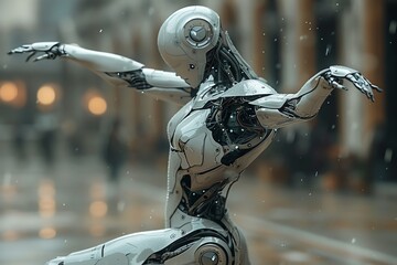 Craft a digital rendering capturing a side view of a robotic ballet dancer gracefully executing a pirouette Emphasize sleek metallic textures, intricate movement mechanics, and futuristic lighting eff