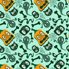 Autumn cartoon doodle print seamless Halloween pumpkins and ghost and cat and skulls and bones pattern