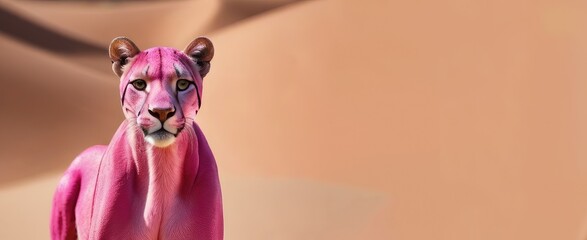 Pink panther walks on sand in the desert