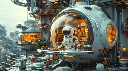 Craft a dynamic scene of a wide-angle view showcasing a robotic chef expertly cooking traditional dishes with a futuristic flair using photorealistic digital rendering techniques