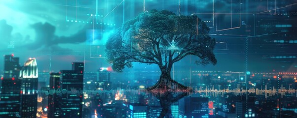 A solitary tree glowing with digital light stands out against a background of a high-tech city at night, symbolizing coexistence of nature and technology.