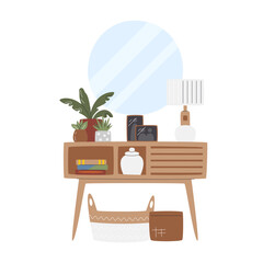 Hallway with furniture and home decor. Domestic entrance scene. Residential corridor interior concept design. Coffee table with plants and lamp. Housing hand drawn flat vector illustration isolated