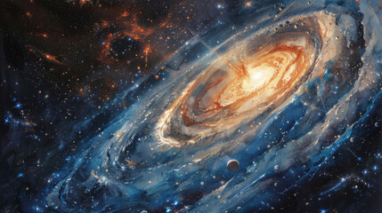 The image shows a beautiful painting of a spiral galaxy