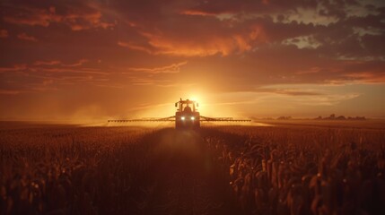 Farmer in tractor spraying fertilizer on corn field at sunset under beautiful sky