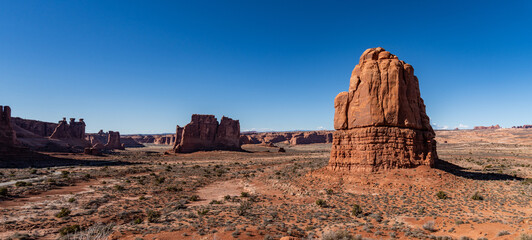 Courthouse Towers on a Sunny Blue sky day in Arches National Park