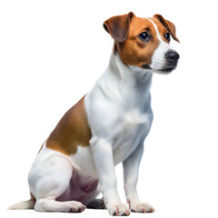 A brown and white dog sitting on top of a white floor