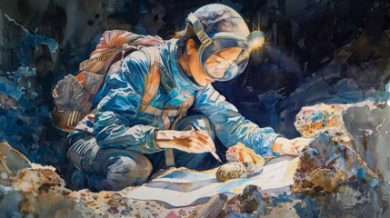 Young geologist at work. She is wearing a hard hat and a backpack. She is kneeling on the ground and looking at a rock sample. She has a map spread out in front of her.