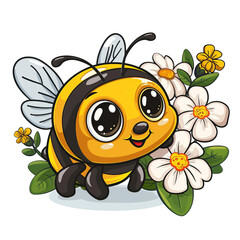 Obraz premium Cute bee on a white flower. The bee is smiling.