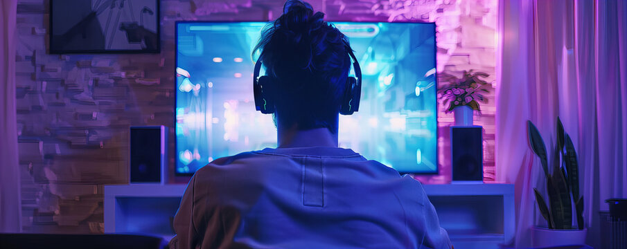 A back view of the man playing game on the tv or computer in the night. Gamer with controller play  video game on computer in work space.