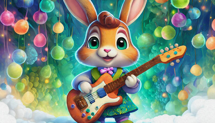 oil painting style cartoon character baby rabbit young aspiring musician holding an electric guitar with stage,  - obrazy, fototapety, plakaty