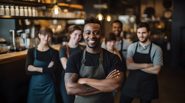 A young barista, coffee shop owner and his co-workers standing at the entrance