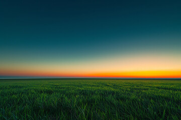 A minimalist landscape of a green grass field under a vibrant sunrise, the sky transitioning from night blue to morning gold without a cloud in sight.